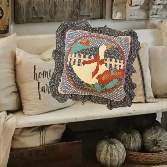 vtg•handmade quilted country goose pillow with ruffled edge - Picture 2 of 4
